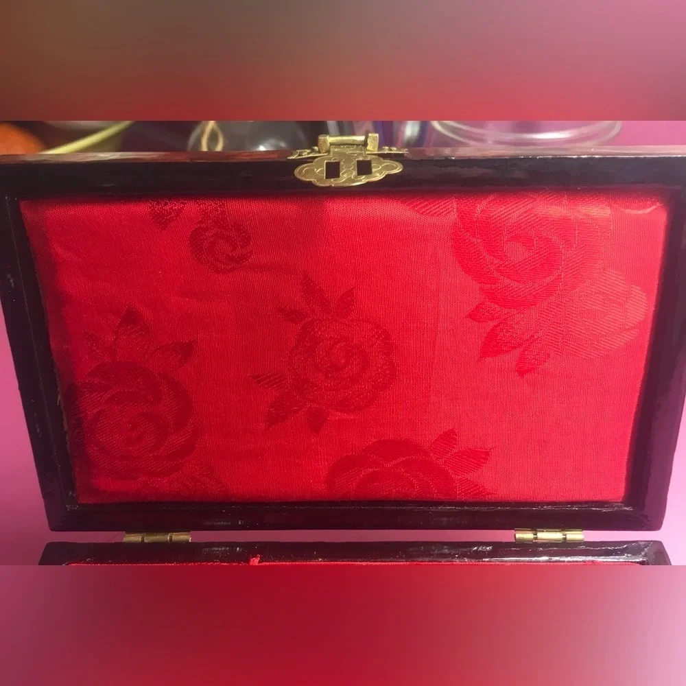 Brown Lacquer with Gold Latch and Mother of Pearl Shadow Box Top Red Inside